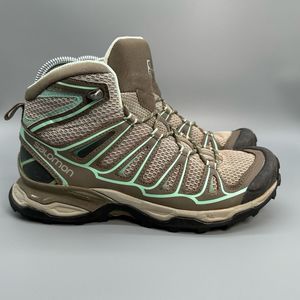 Salomon Ultra Mid Aero Hiking Shoes Boots Womens 7.5 Brown Green Trail Mesh Lace